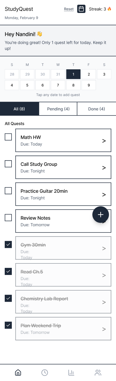 Minimalist mobile wireframe sketch showing simple toggle switches for focus modes, monochrome grey tones